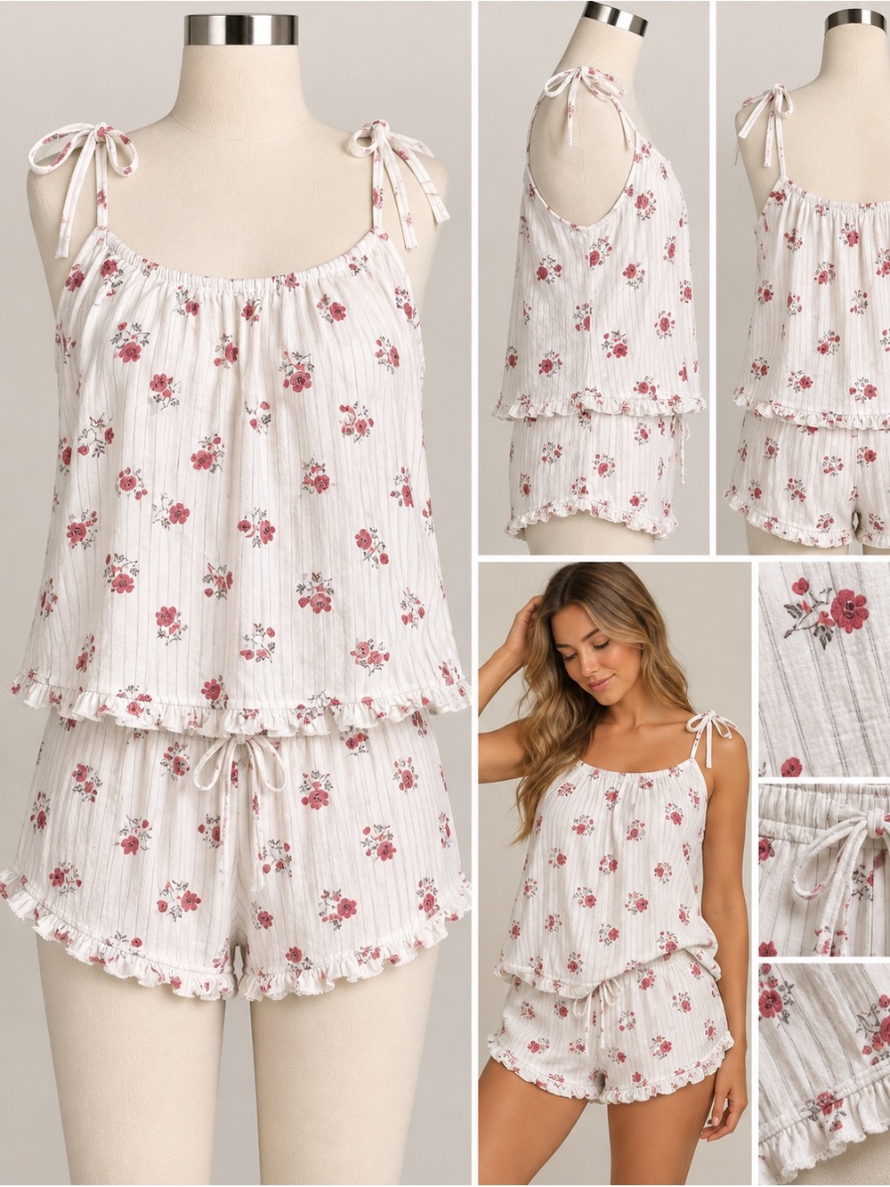 Joyspun Floral Pajama Set Women’s S 4-6 Cami Tank Top Shorts Pink White Ruffle